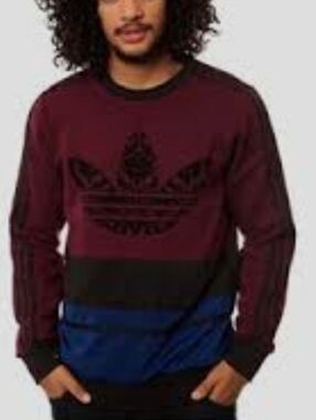Adidas Men's Burgundy, Black and Blue Colorblock Crewneck Sweater